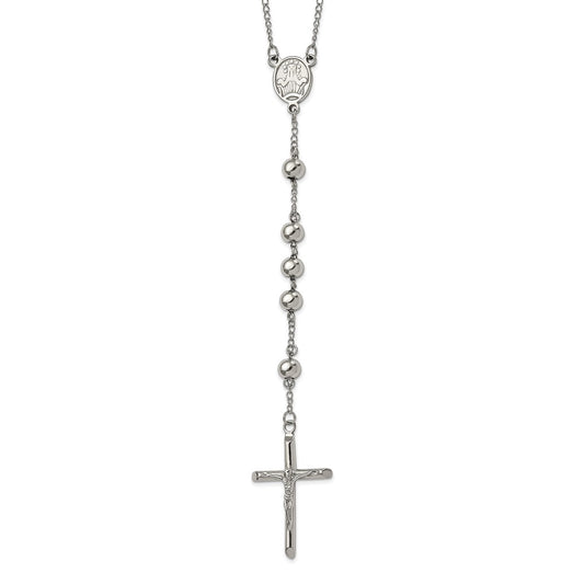 Stainless Steel Polished 8mm Beaded Rosary 32.5 inch Necklace