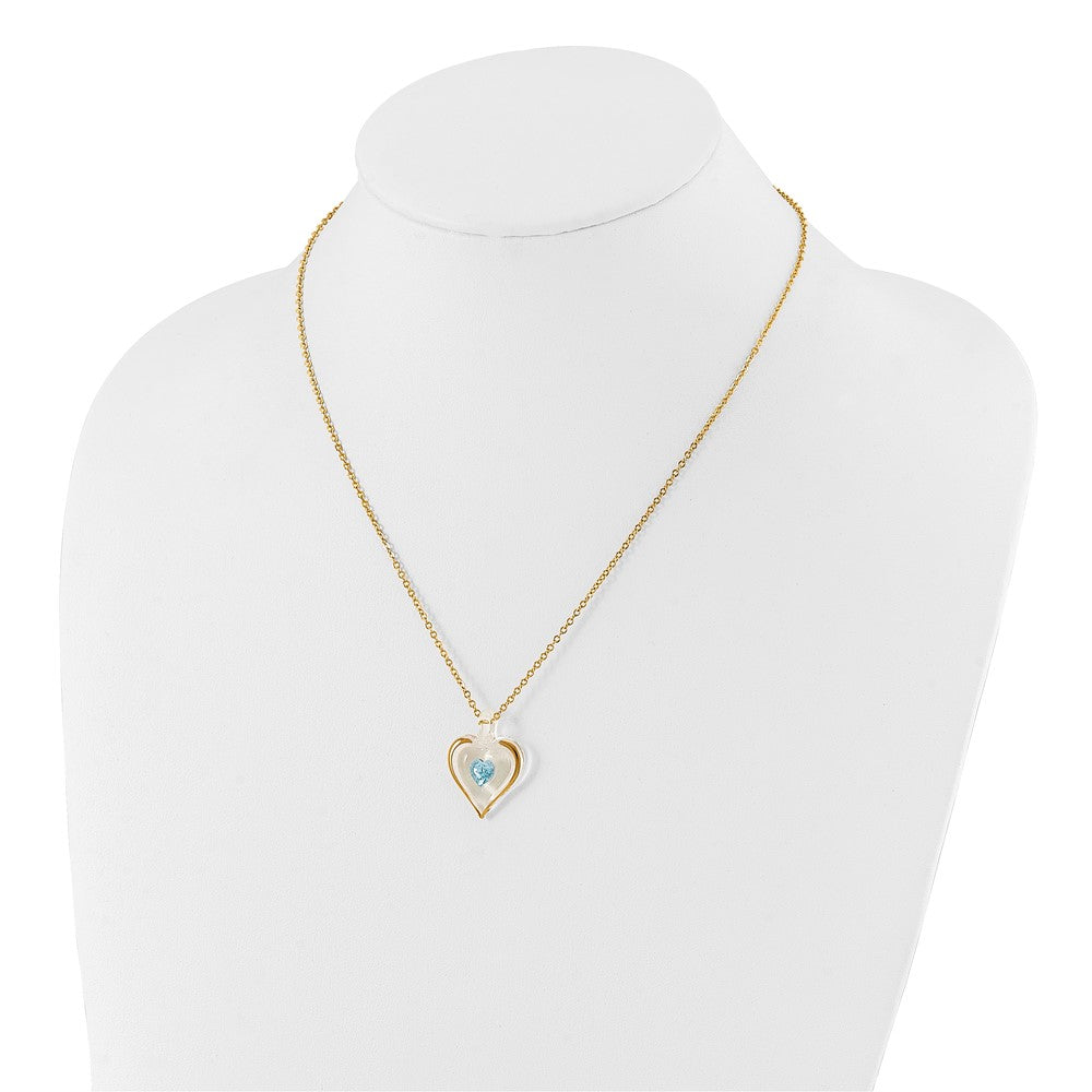 Glass Baron 22K Accent Gilding Gold-trim Glass with Blue March Birthstone Crystal from Swarovski Heart 18 inch Gold-tone Necklace GM9402