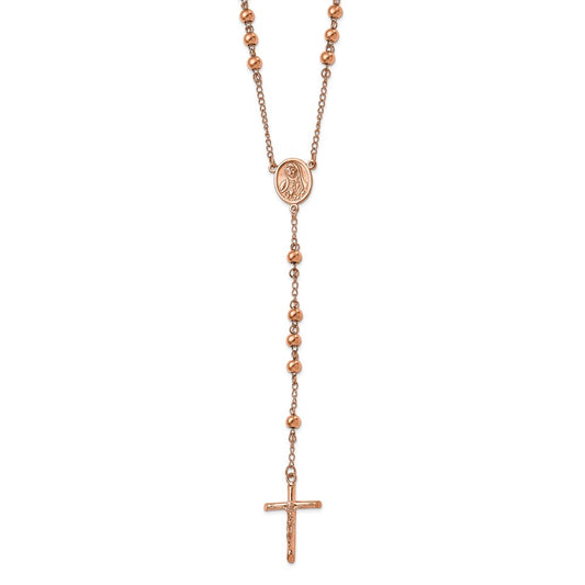 Stainless Steel Polished Rose IP-plated 30in Rosary Necklace