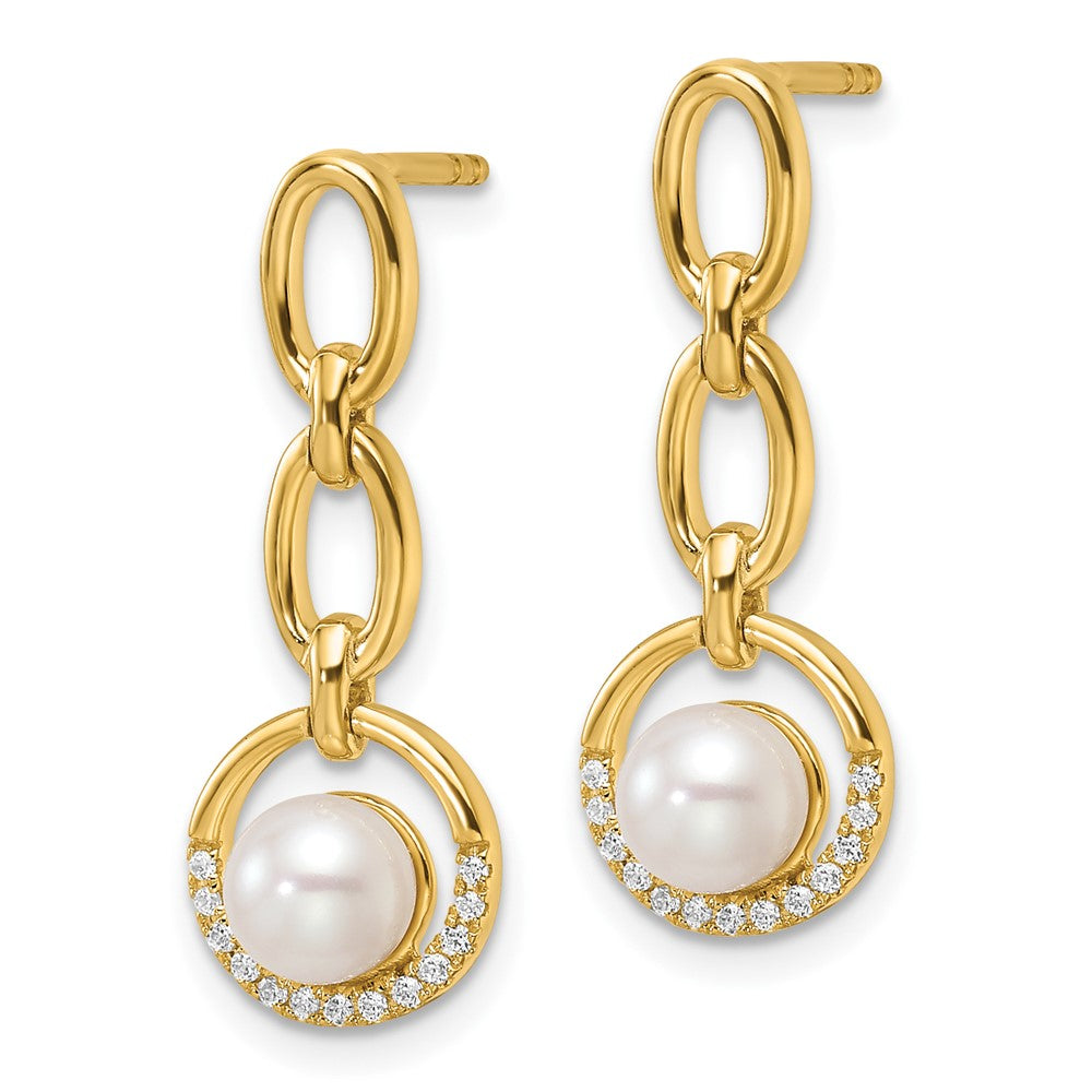14K Polished Diamond and Pearl Open Circle Dangle Post Earrings