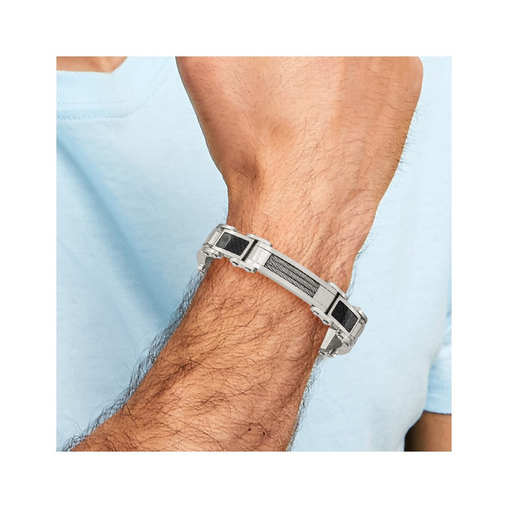 Stainless Steel 8.5in Polished with Black Carbon Fiber Inlay Bracelet 9 inches