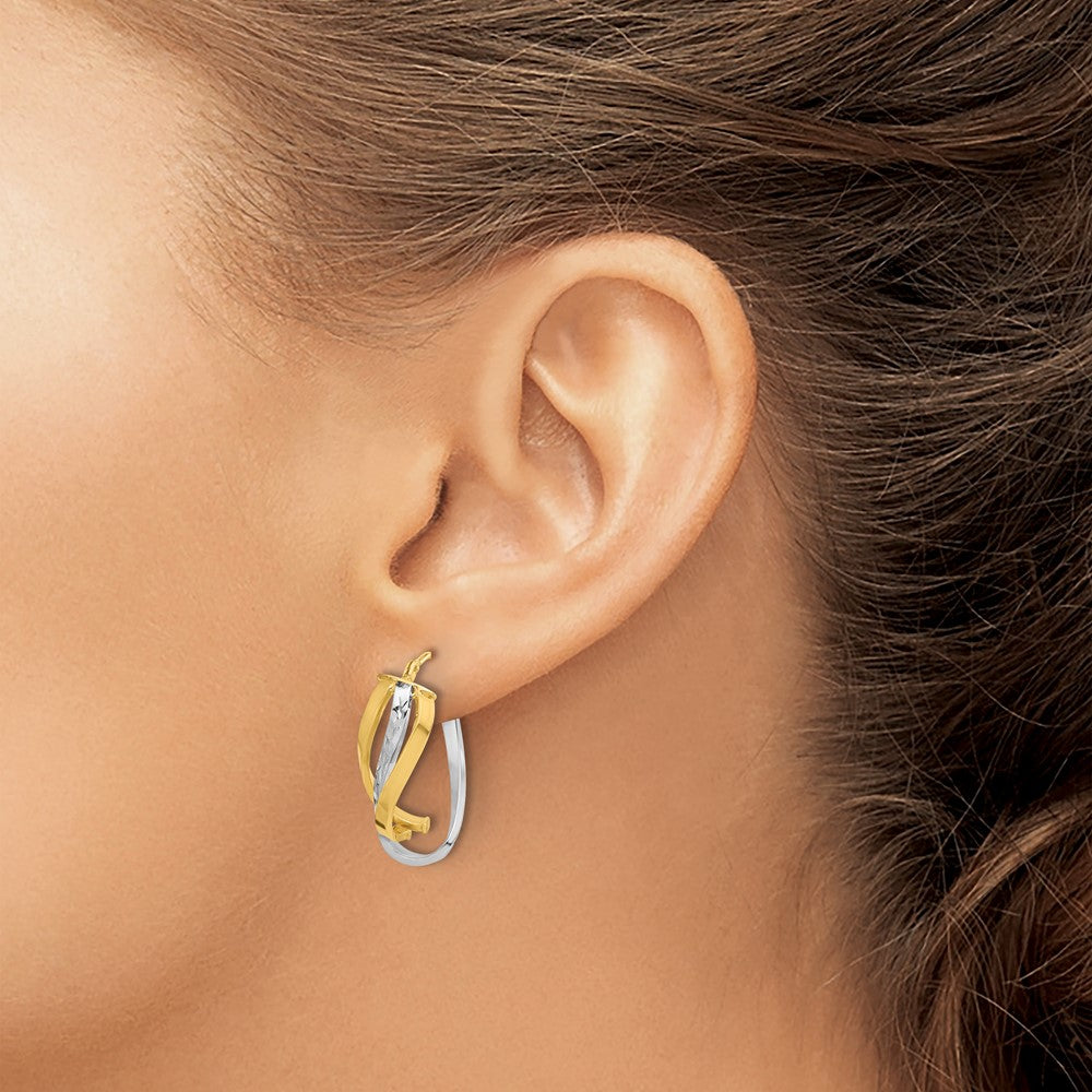 14K w/White Rhodium Polished and D/C Fancy Hoop Earrings