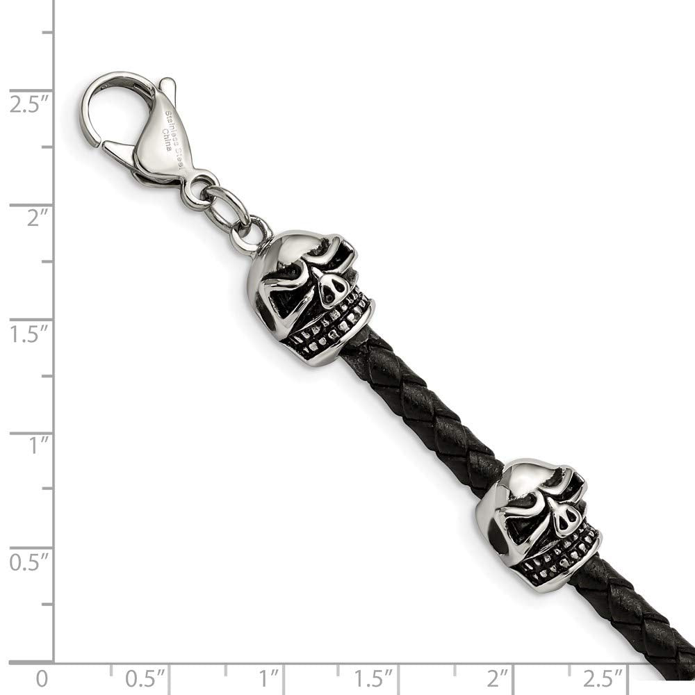Stainless Steel Antiqued and Polished Skulls Leather 8.5in Bracelet 8.5 inches
