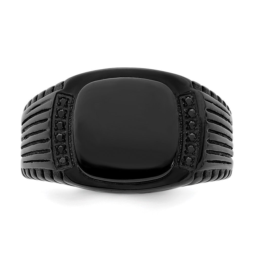 Stainless Steel Polished Black IP-plated with Black CZ Signet Ring Size - 10