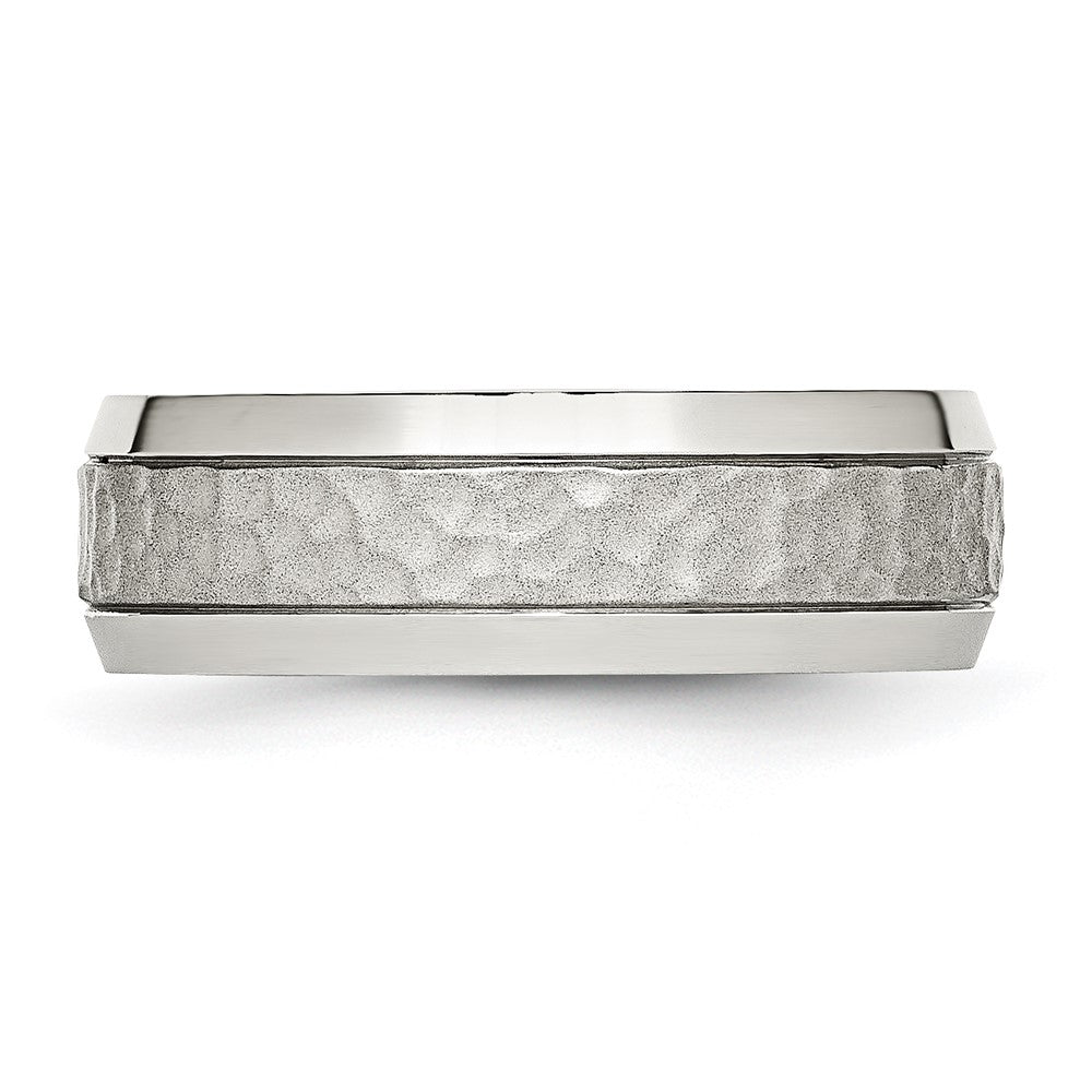 Stainless Steel Brushed Polished and Hammered 7.5mm Band Size - 9