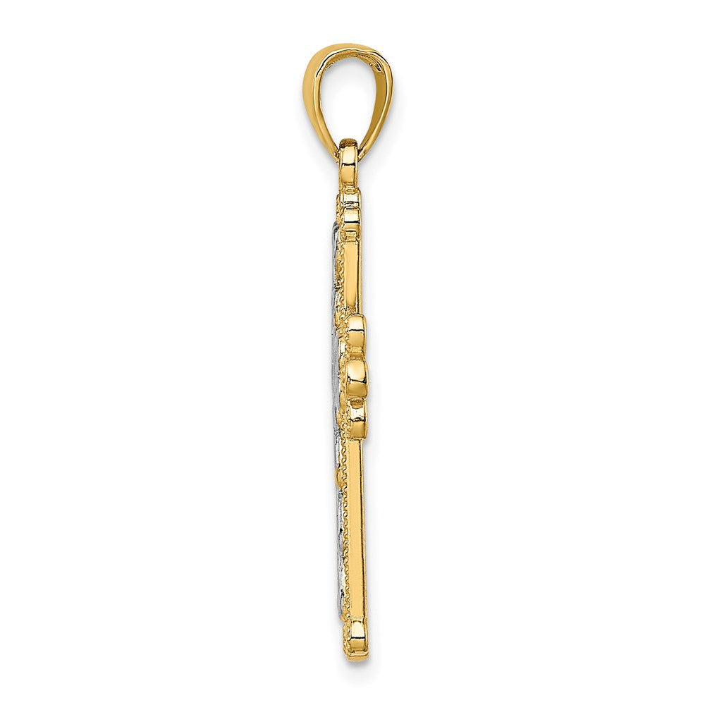 14K w/Rhodium Polished and Textured Beaded Cross Charm