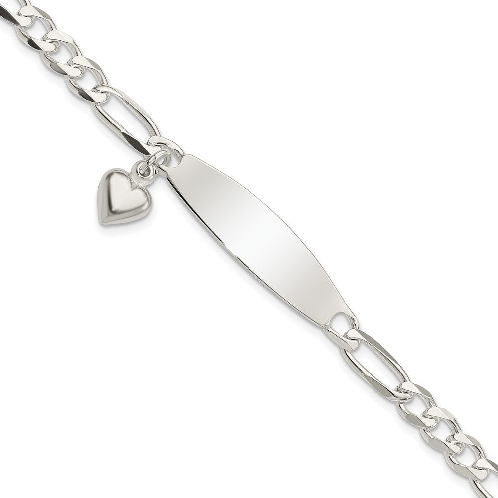 Sterling Silver Polished Figaro ID Heart Dangle Bracelet 7.5 inches