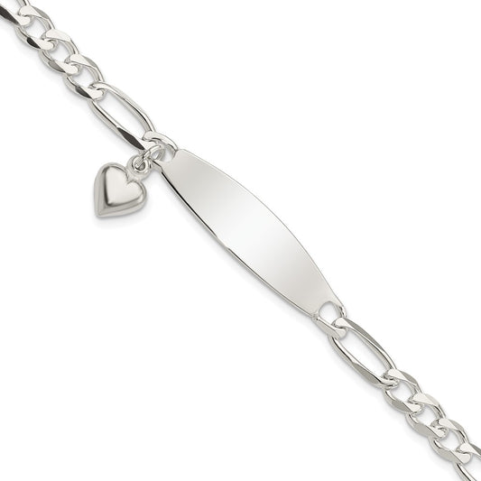 Sterling Silver Polished Figaro ID Heart Dangle Bracelet 7.5 inches