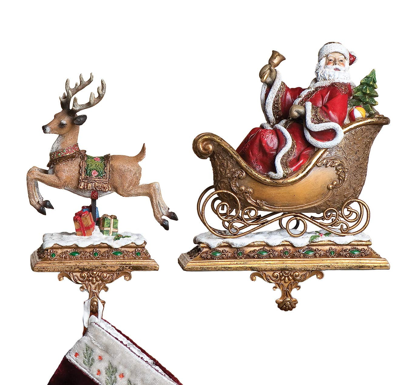 Roman Set of 2 Joseph's Studio Santa Claus and Reindeer Christmas Stocking Holders 9.5"