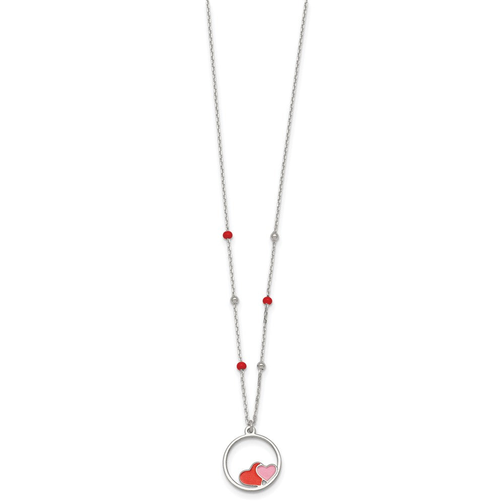 Sterling Silver Polished Beaded Red and Pink Enameled Hearts in Circle Childrens 14 inch Necklace