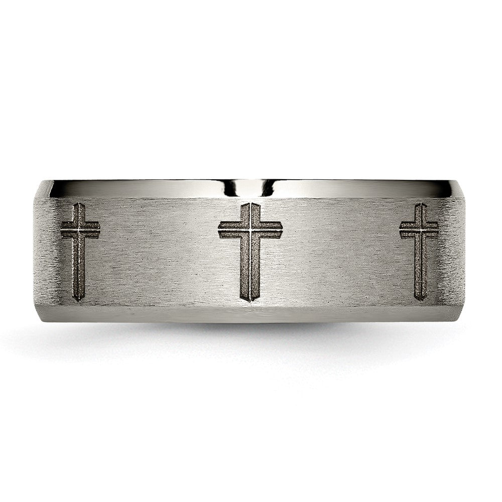 Chisel Titanium Brushed and Polished Cross Laser Design 8mm Beveled Edge Band Size - 9