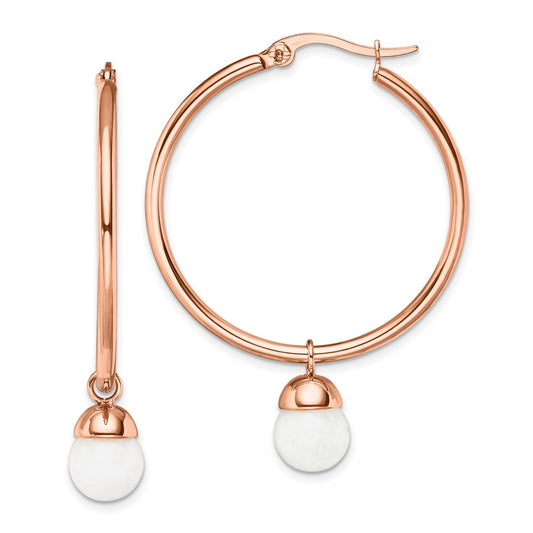 Stainless Steel Polished Rose IP-plated White Jade Dangle Hoop Earrings