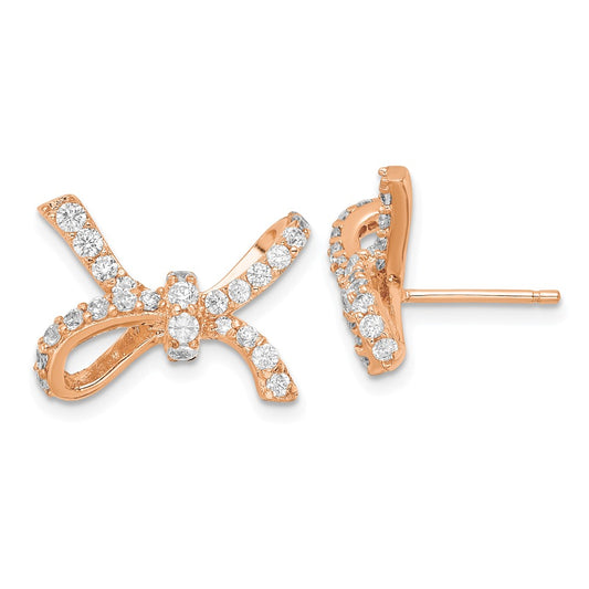 Sterling Silver CZ Rose Gold-Plated Dangle Bow Post Earrings