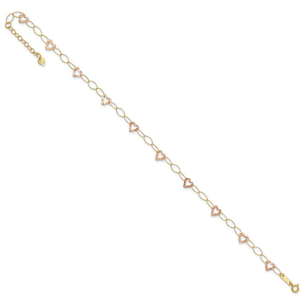 14k Two-tone Adjustable Heart 9in Plus 1in extension Anklet 9 inches