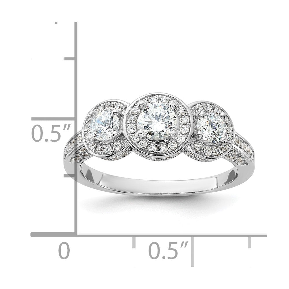 Cheryl M Sterling Silver Rhodium-plated Brilliant-cut CZ Three Stone Halo w/ Side Stones Ring