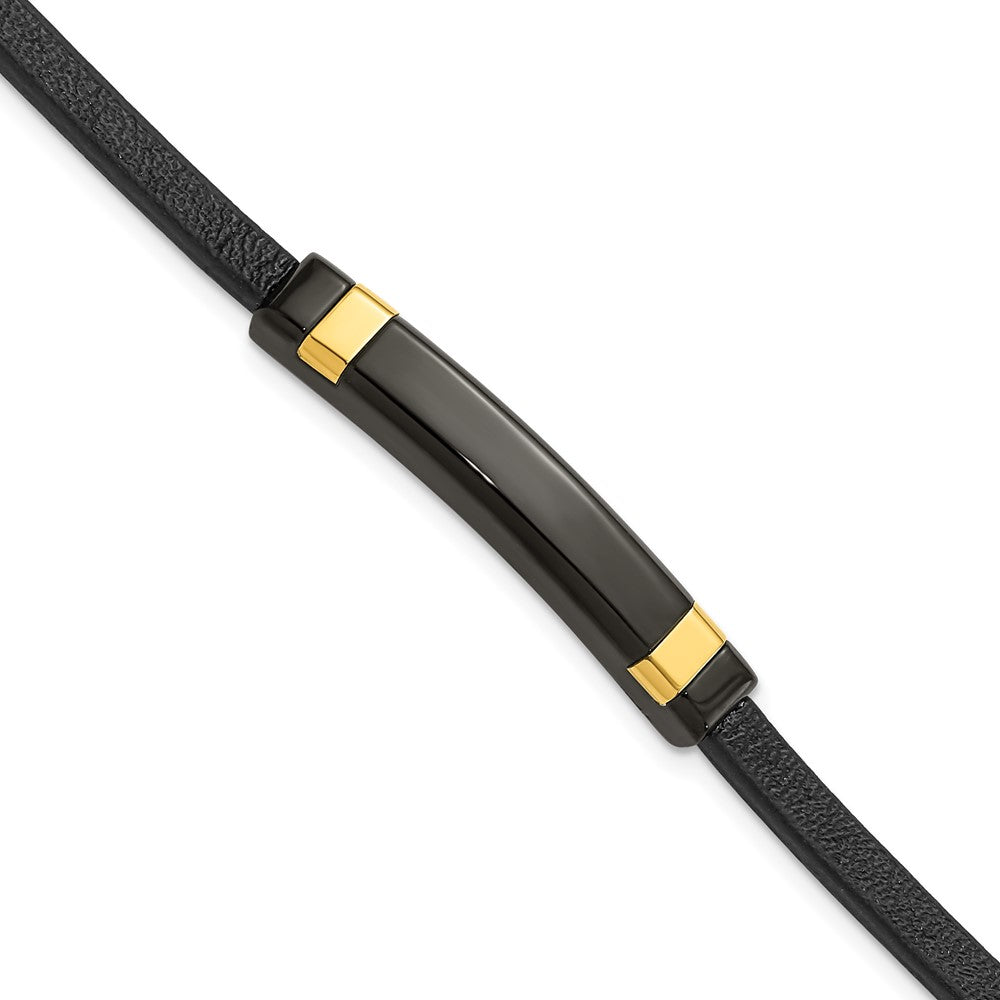 Stainless Steel Polished Black/Yellow IP Black Leather 8.5in Bracelet 8.5 inches