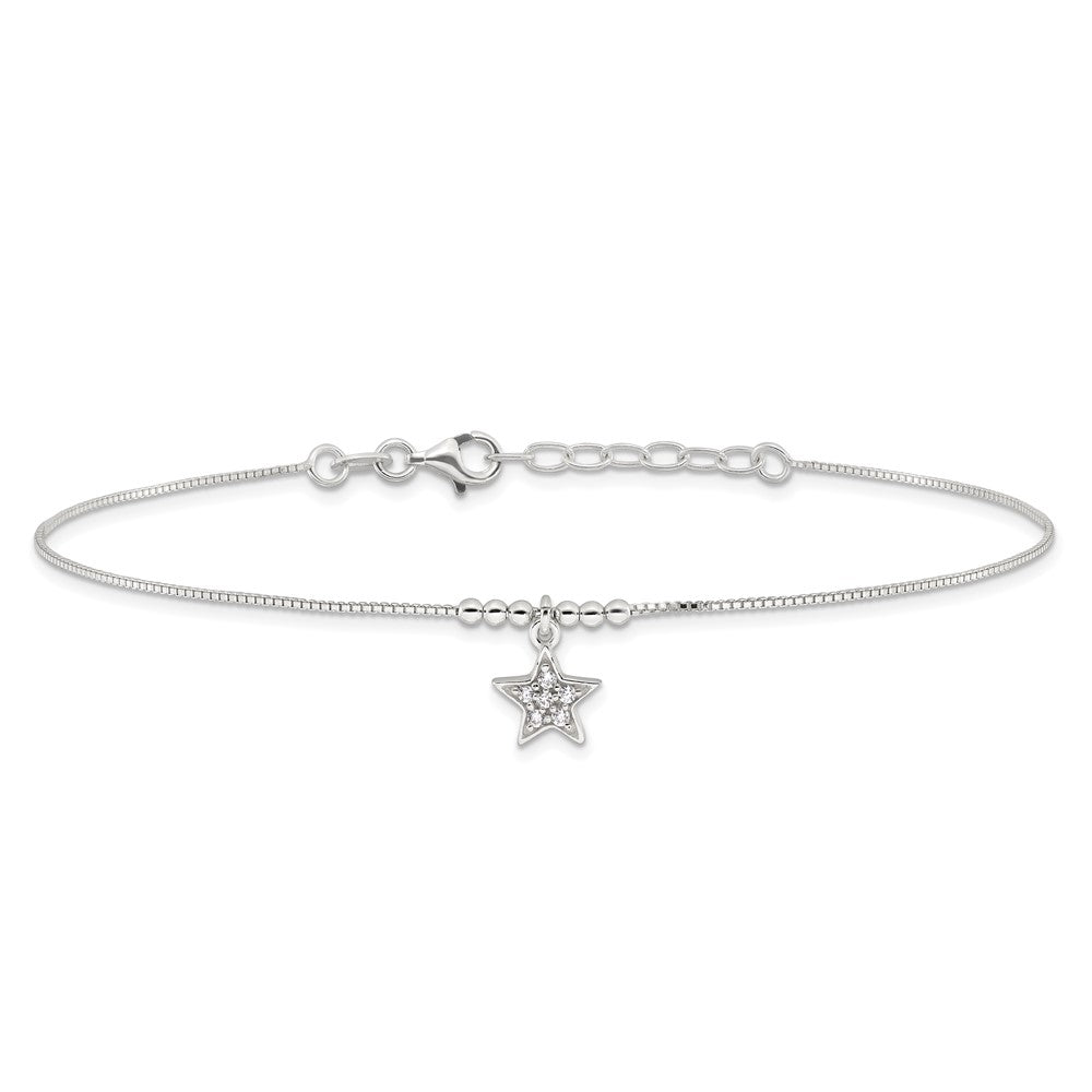 Sterling Silver CZ Star and Beads 9in Plus 1in Ext. Anklet 9 inches