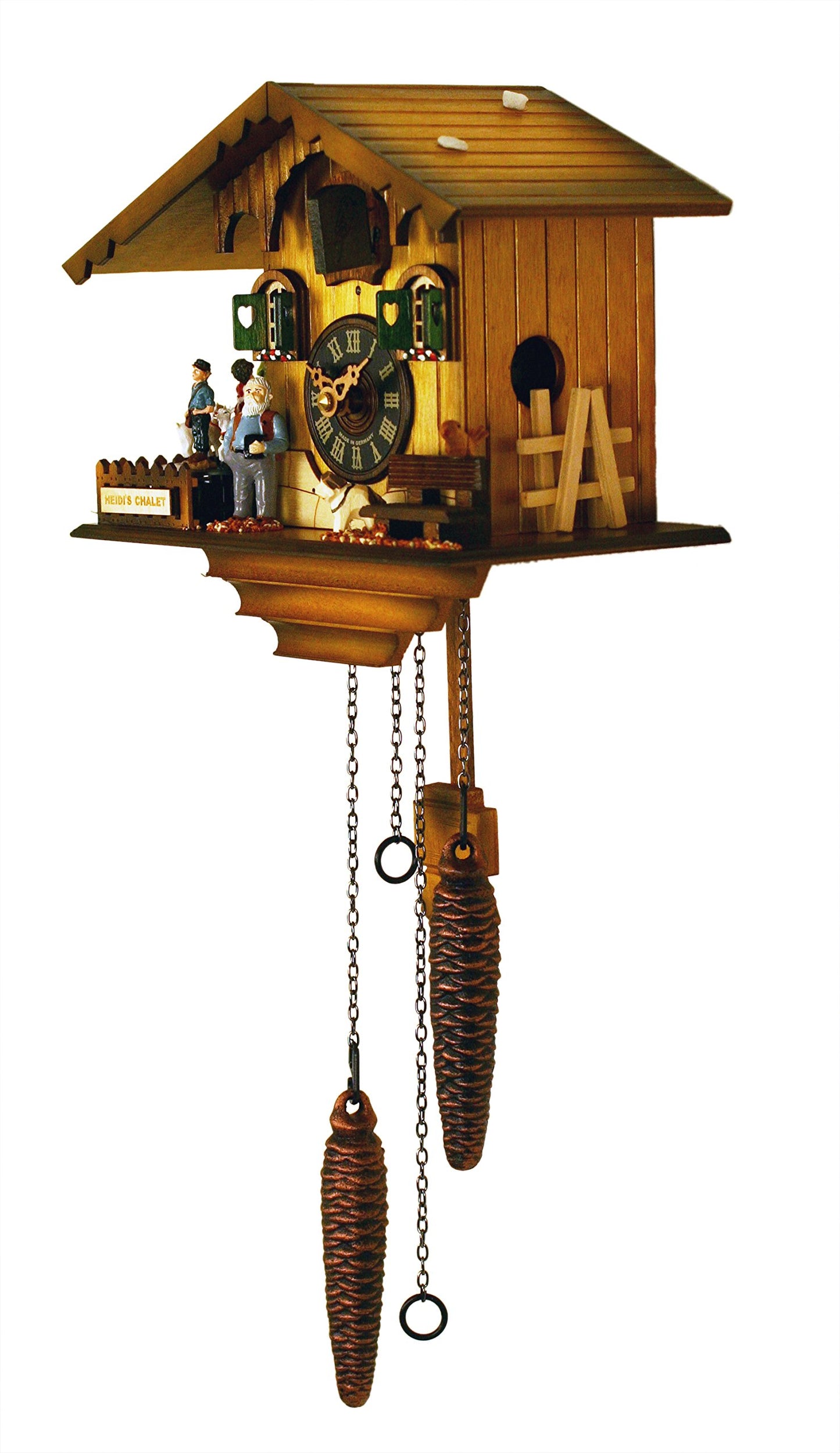 River City Clocks 12 Melody Quartz Cuckoo Clock - Heidi's Chalet with Revolving Figures
