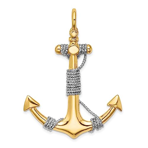 14K Two Tone Gold 3-Dimensional Polished Finish Wrapped Rope Design Large Anchor Charm Pendant