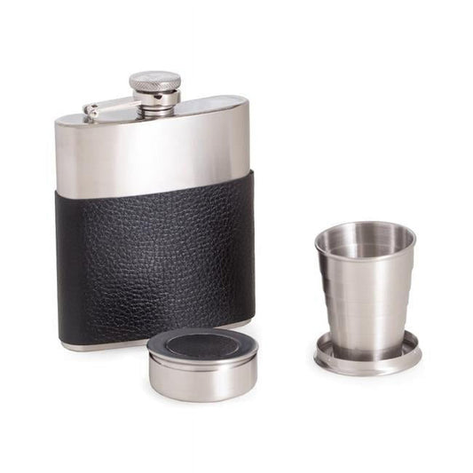 Bey-Berk International FS757 7 oz Stainless Steel Flask with Leather Wrap, Captive Cap & Durable Rubber Seal 2 Collapsible Cups Gift Set - Black & Silver