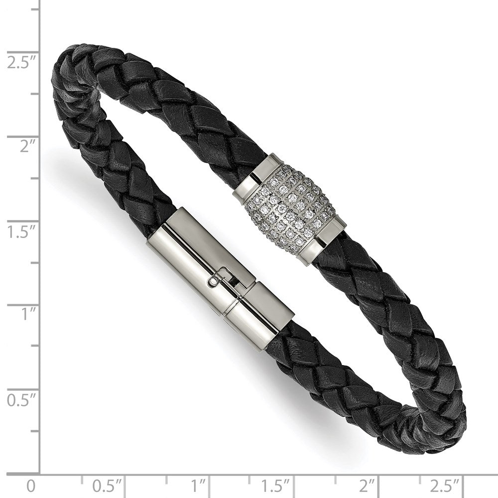Titanium Polished w/CZ Black Leather Bracelet 7.25 inches