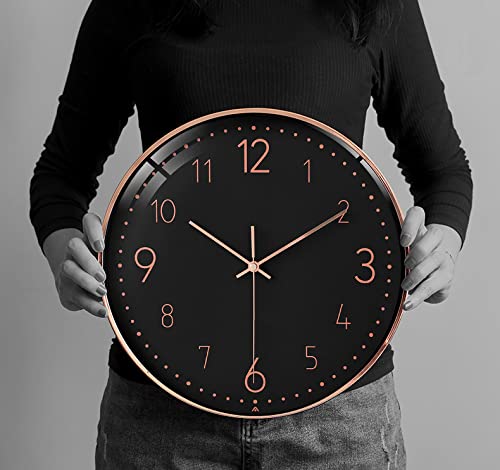 Modern Minimalist Rose Gold on Black Silent Wall Clock With Glass Top (Numerical Dial)