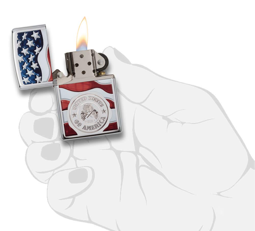 Zippo America Stamp on Flag High Polish Chrome Pocket Lighter
