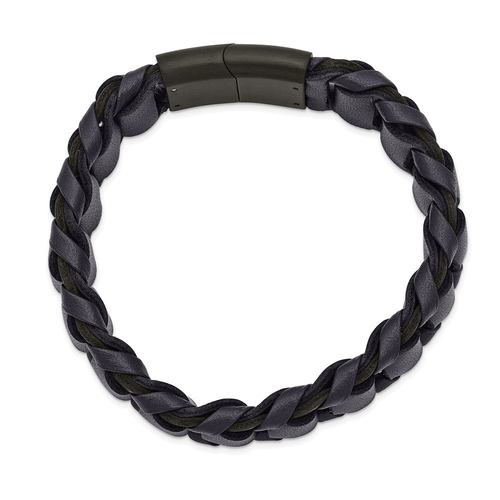 Stainless Steel Brushed Black IP-plated Blue Leather 8.5in Bracelet 8.5 inches
