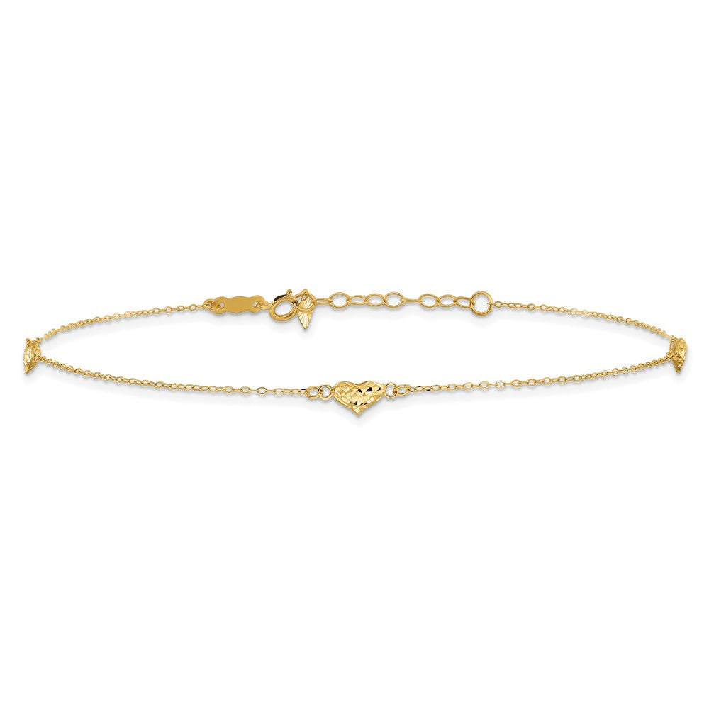 14k Polished Diamond-cut Triple Puffed Hearts 9in Plus 1in. Ext. Anklet 9 inches