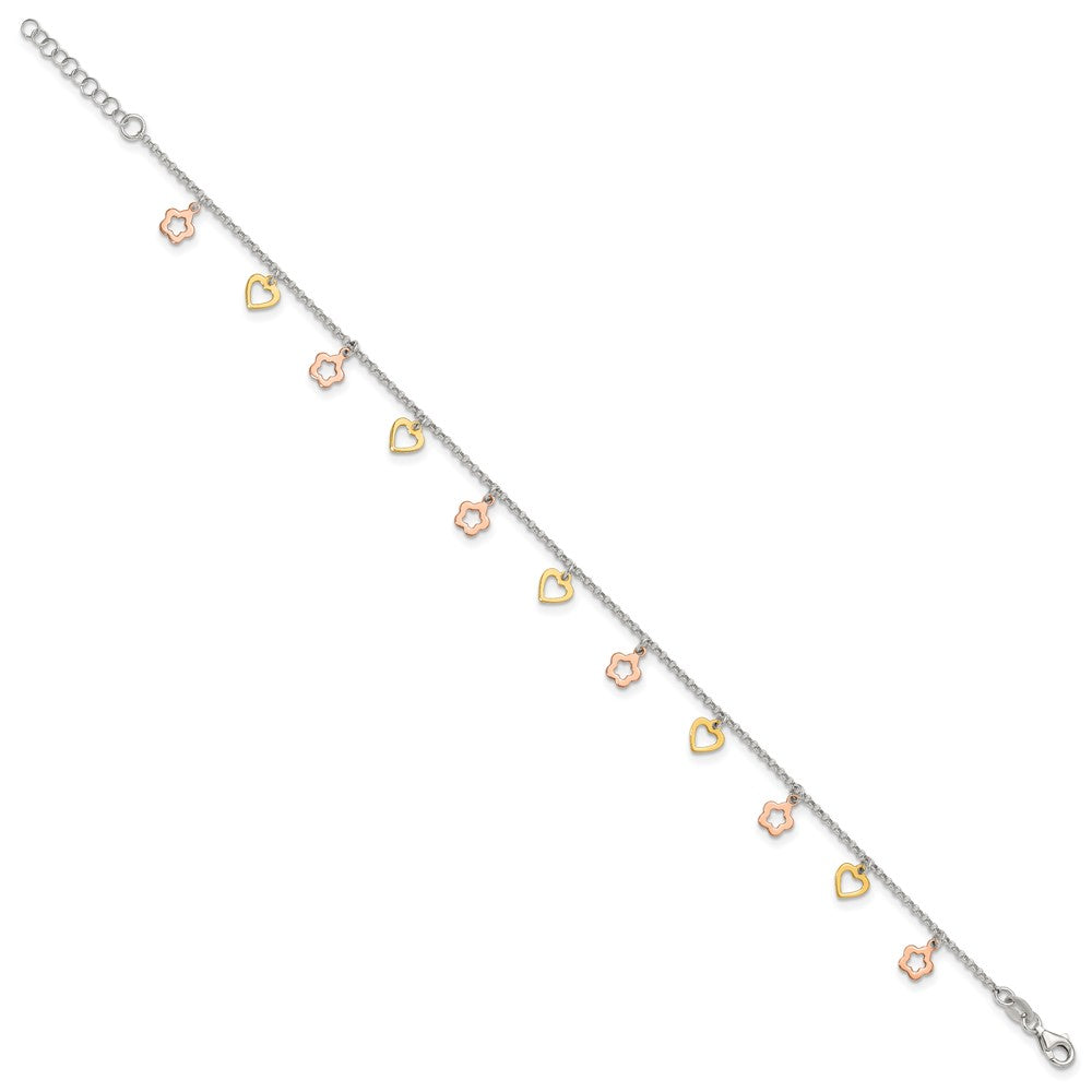 Sterling Silver Gold and Rose-tone Heart Flower 9in Plus 1in ext. Anklet 9 inches