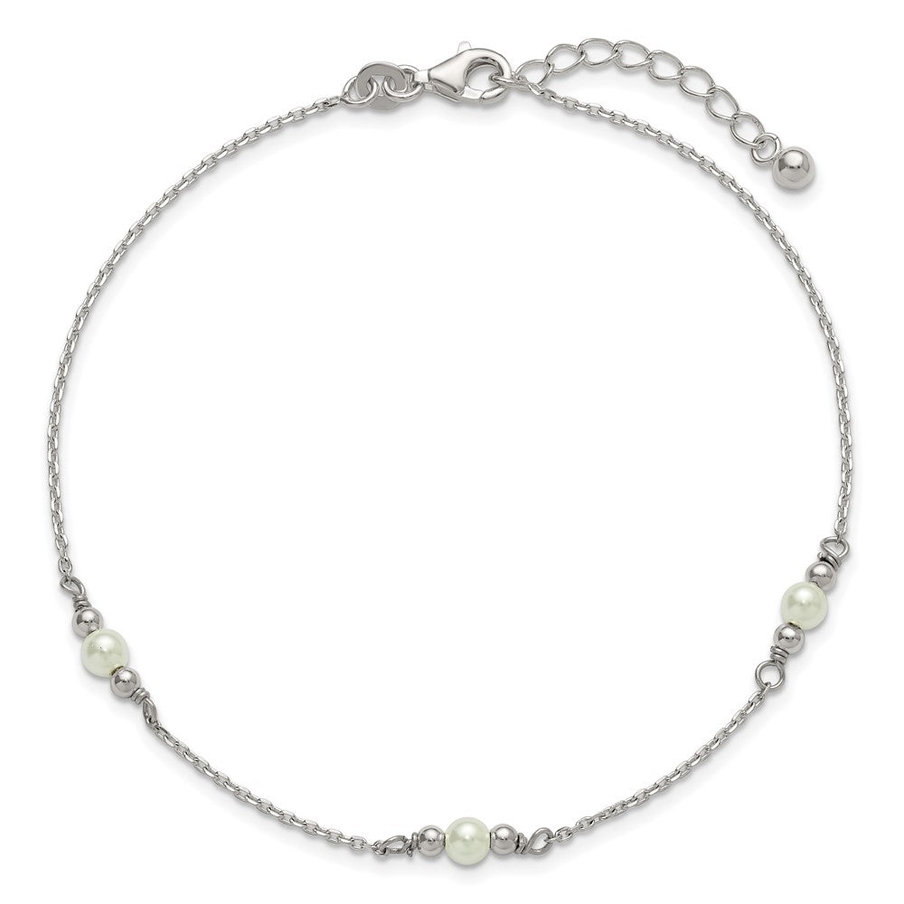 Sterling Silver Polished and Beaded with Acrylic Pearl 9 in with 1 inch Extension Anklet