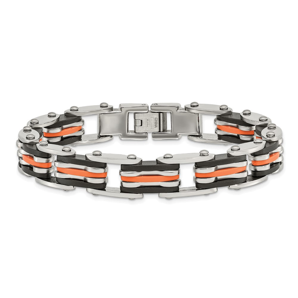 Stainless Steel 8.5in Polished with Rubber Black and Orange Bracelet 8.5 inches