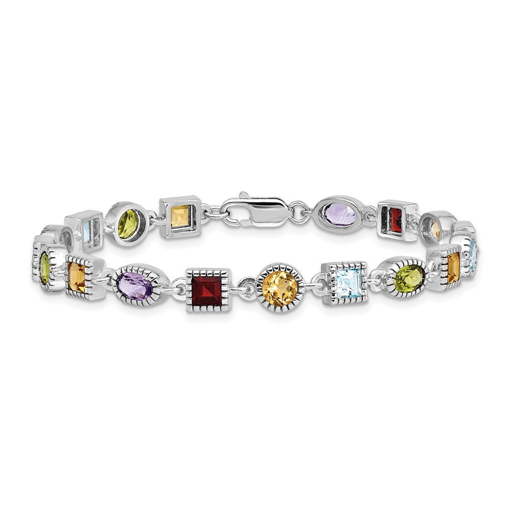 Sterling Silver 7inch Rhod Plated Rainbow Multi-gemstone Bracelet 7 inches