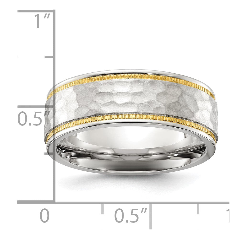 Chisel Titanium Brushed Polished and Hammered Yellow IP-plated 7mm Band Size - 10