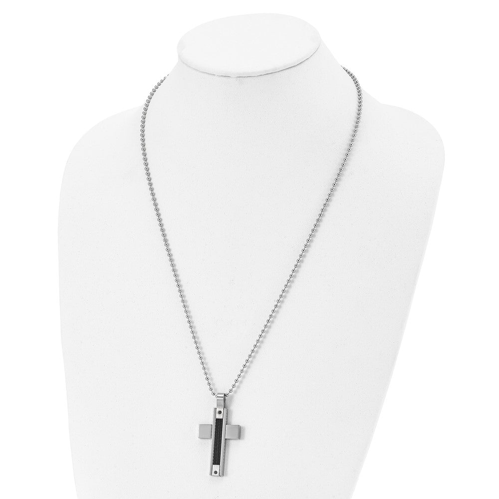 Stainless Steel Polished Black IP Cable 1/20ct Black Dia Cross Necklace