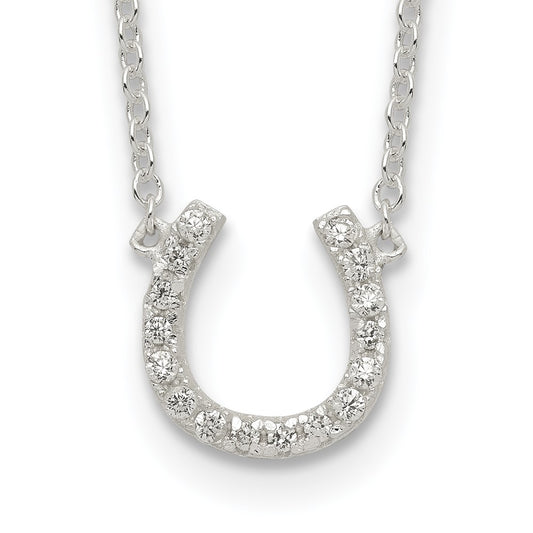 Sterling Silver Polished CZ Horseshoe w/ 1 inch ext Necklace 16 Inches