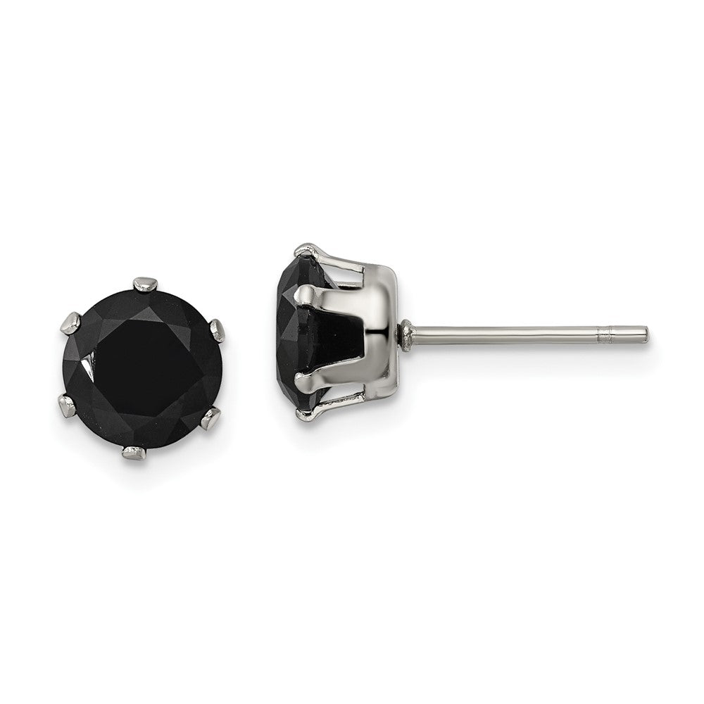 Stainless Steel Polished 7mm Black Round CZ Stud Post Earrings