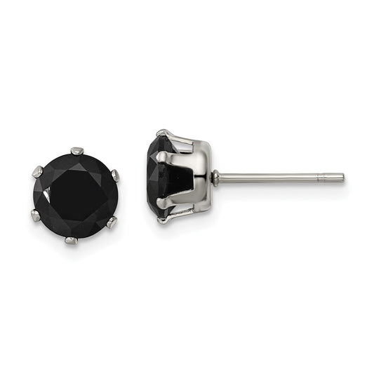 Stainless Steel Polished 7mm Black Round CZ Stud Post Earrings