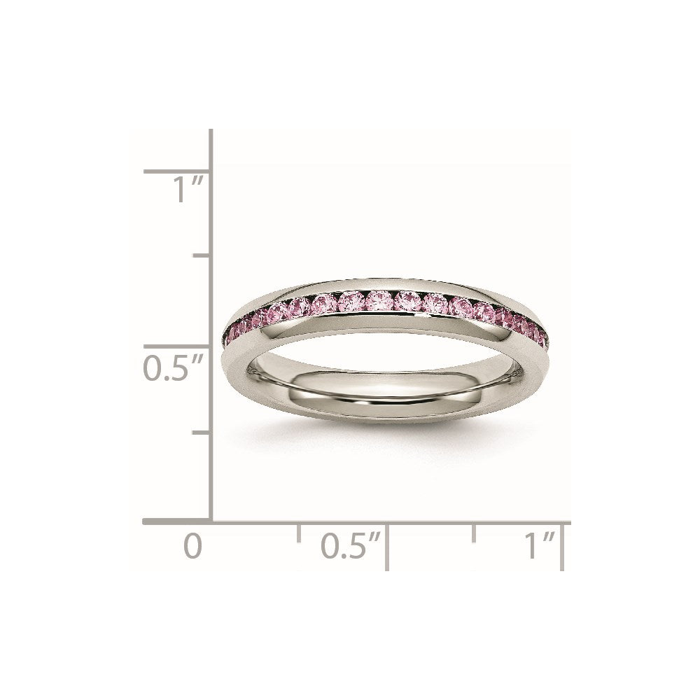 Stainless Steel Polished 4mm October Pink CZ Ring Size - 6