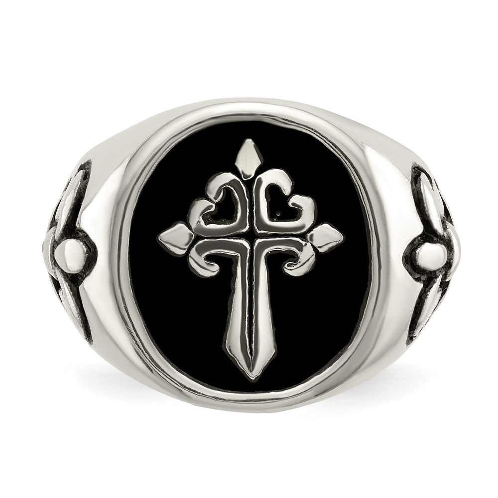 Stainless Steel Antiqued and Polished Fleur de Lis Cross Ring Size - 11