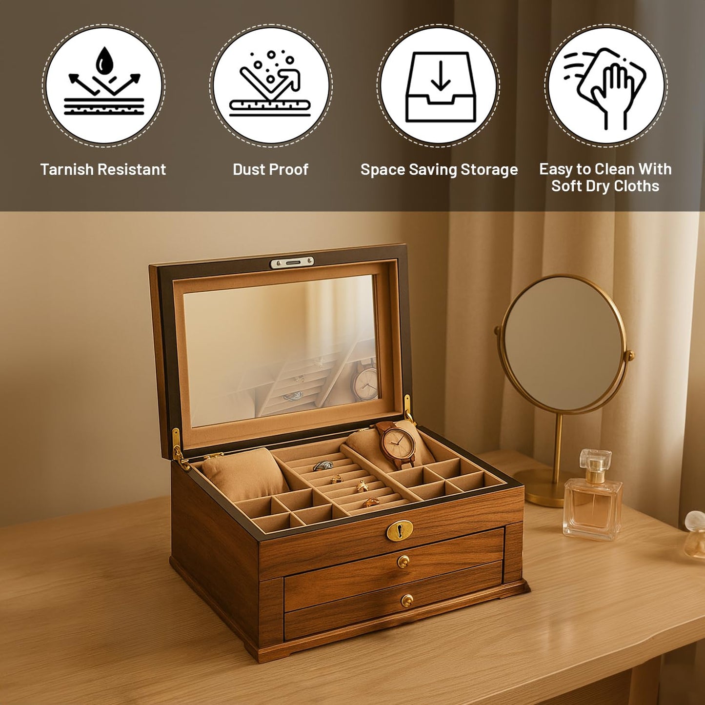Walnut Lacquered Wood 3 Level Jewelry Box