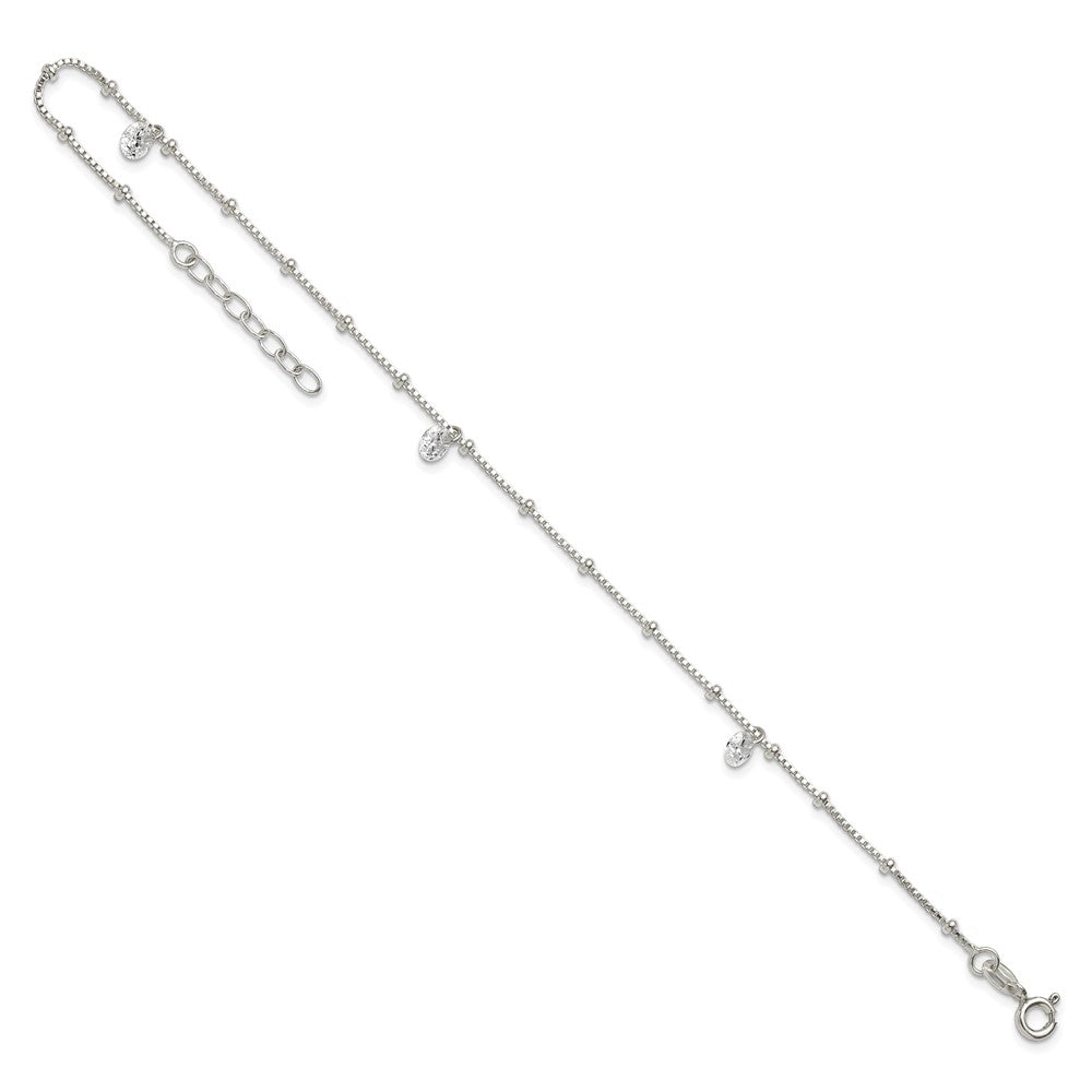 Sterling Silver Polished Beaded with White CZ Dangles 9 inch with 1 inch Extension Anklet