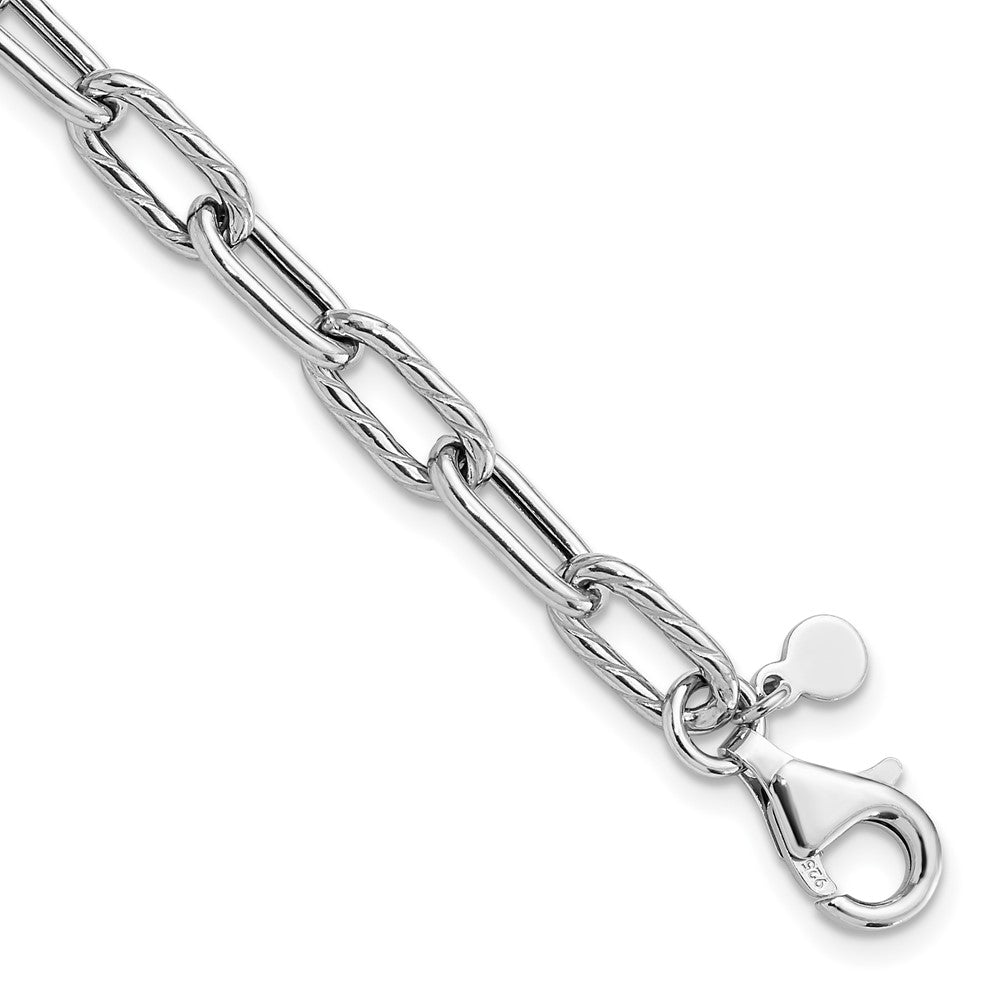 Sterling Silver RH-pl Polish/Texture Link w/1in ext. Bracelet 8  inches