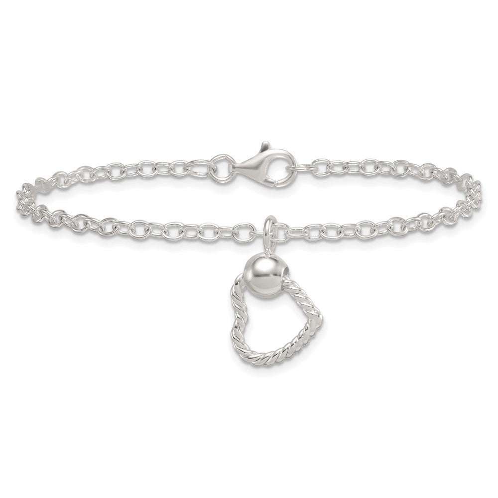 Sterling Silver Polished and Twisted Heart Dangle 7.5 Inch Cable Chain Bracelet 7.5 inches