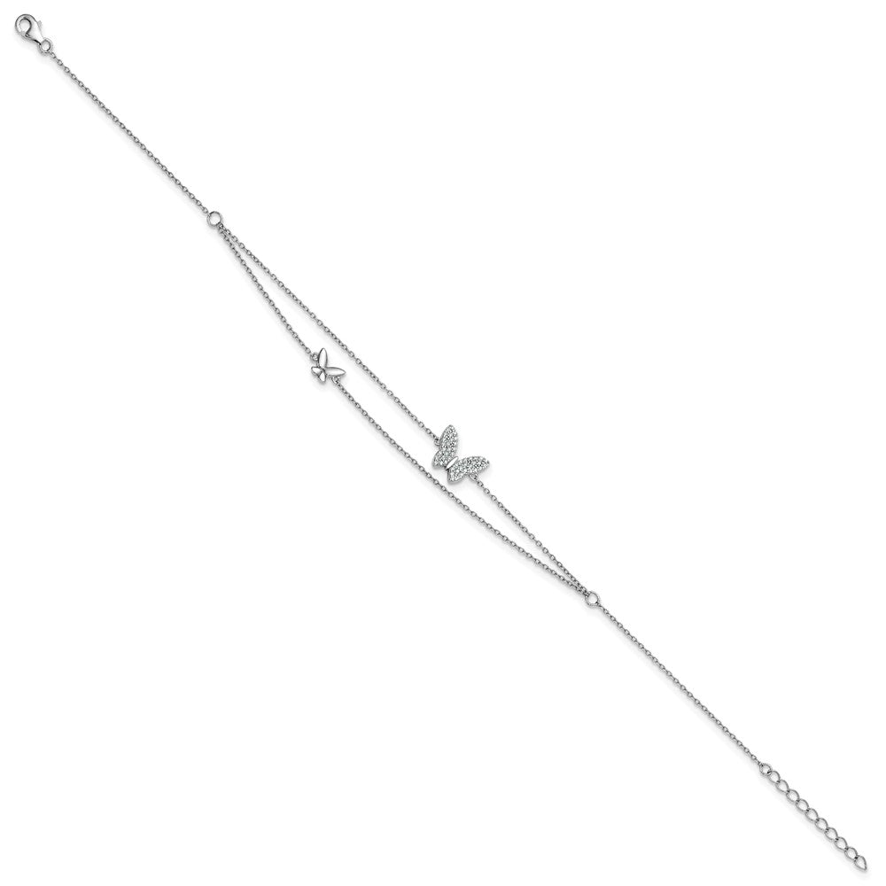 Sterling Silver Rhodium-plated Polished Two-Strand CZ Butterflies 9 Inch Plus 1 Inch Extension Anklet