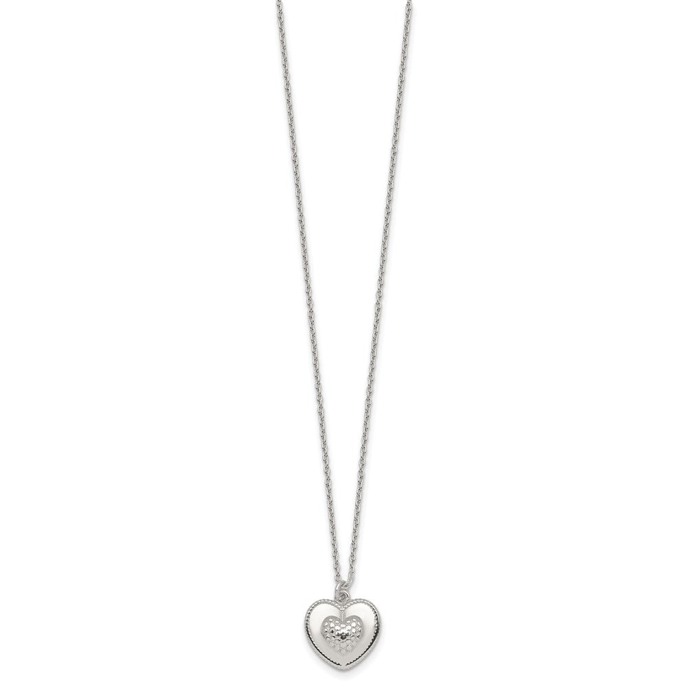Sterling Silver Polished and Textured Heart w/ 2in Ext Necklace 16 Inches