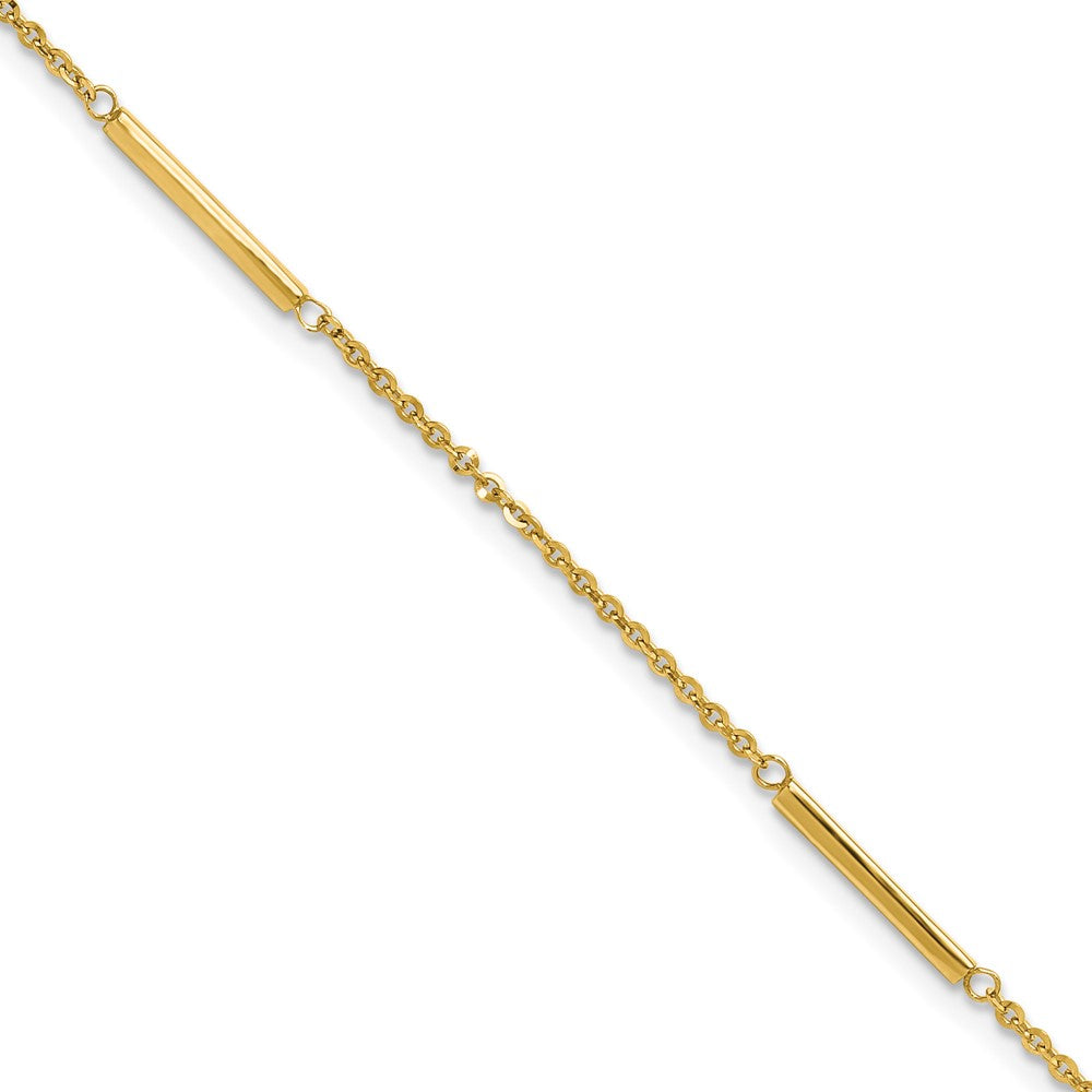 14k Polished Fancy Cable Chain and Bar 3-Station 9 inch Plus 1 inch Extension Anklet