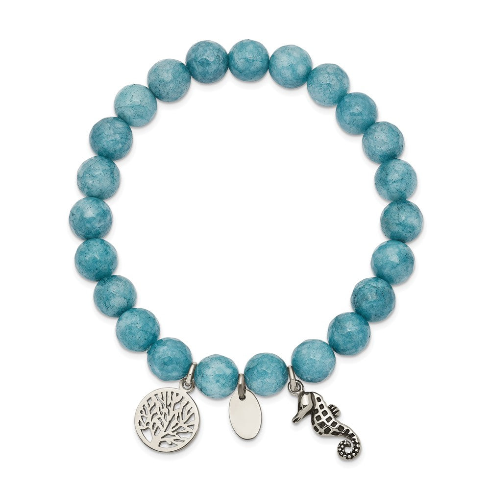 Stainless Steel Antiqued & Polished Seahorse Blue Dyed Jade Stretch Bracele 6.25 inches