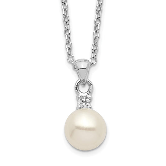 Sterling Silver Rhodium-plated 6-7mm White Button Freshwater Cultured Pearl and CZ 17 inch Necklace 17 Inches