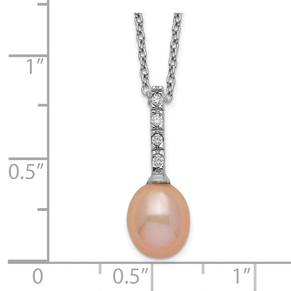 Sterling Silver Rhodium-plated 7-8mm Pink Teardrop Freshwater Cultured Pearl and CZ 17 inch Necklace 17 Inches